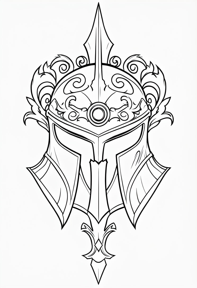 Intricate Medieval Fantasy Helmet Line Drawing for Coloring Book Pages