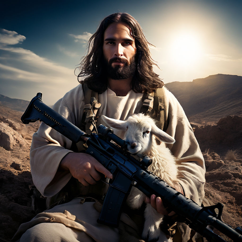 Jesus Christ with a lamb and m16 rifle by James - Playground