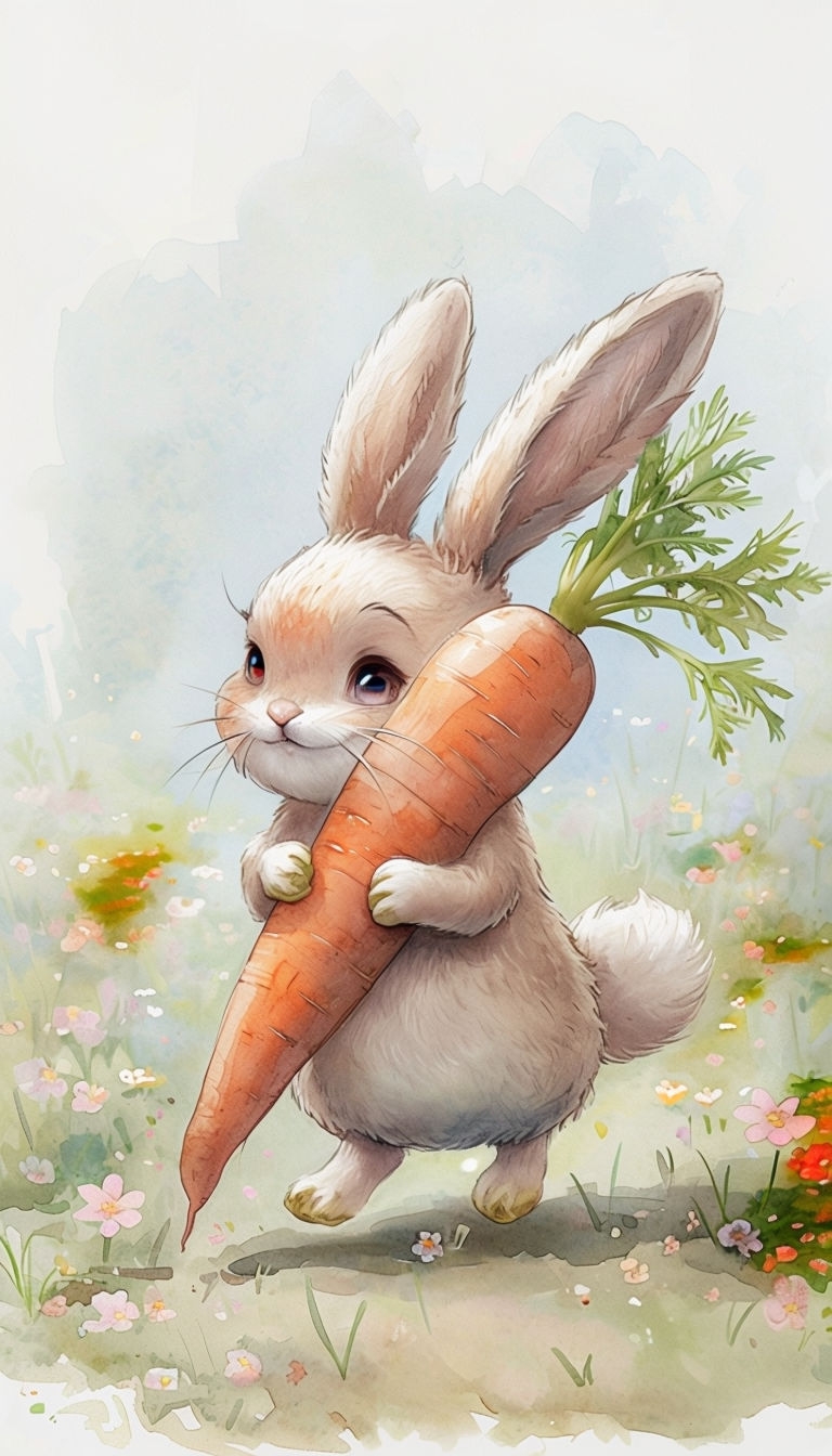 Adorable Chubby Bunny Struggling with Oversized Carrot Art
