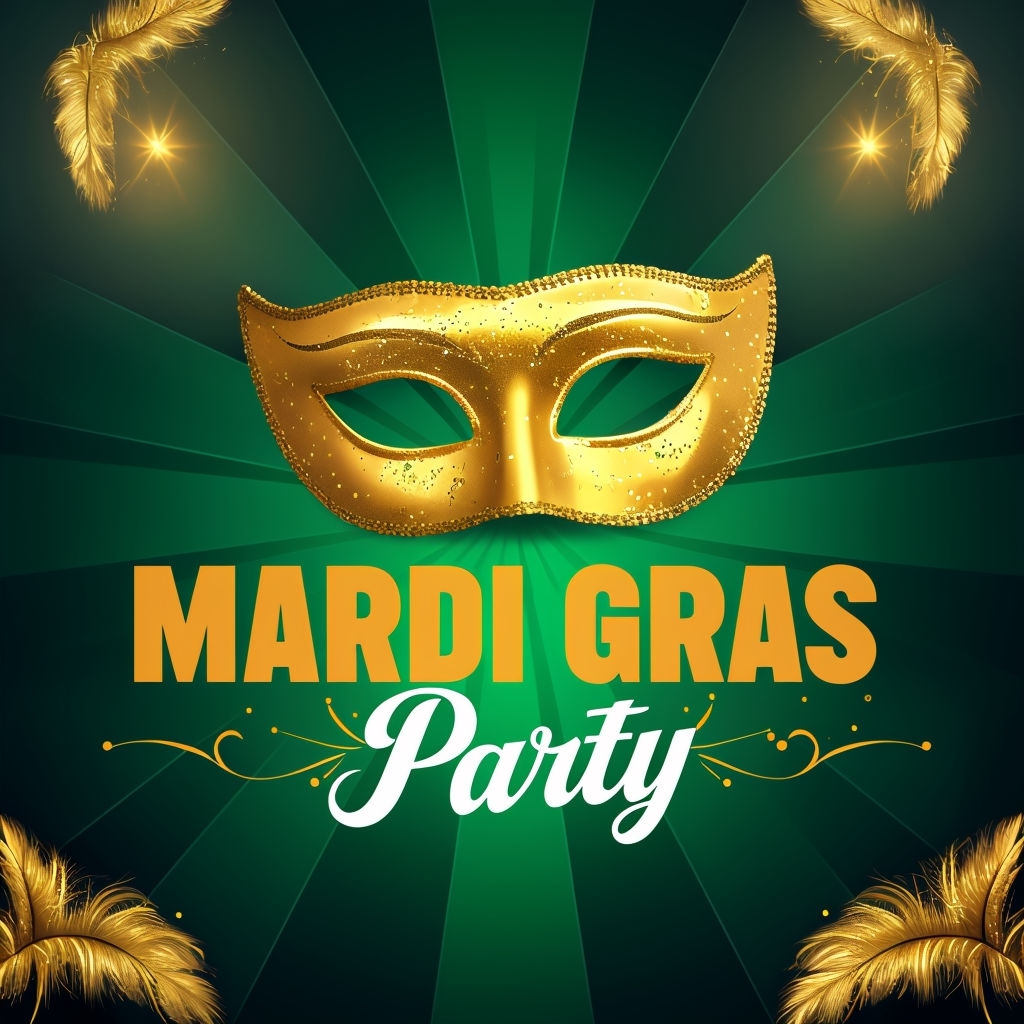 Festive Mardi Gras Party Flyer Featuring Elegant Masquerade Mask Social Media Post