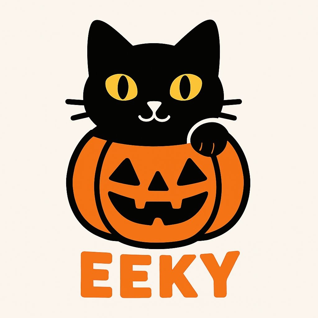 Cheerful Cartoon Black Cat on Pumpkin with EEKY Text Sticker