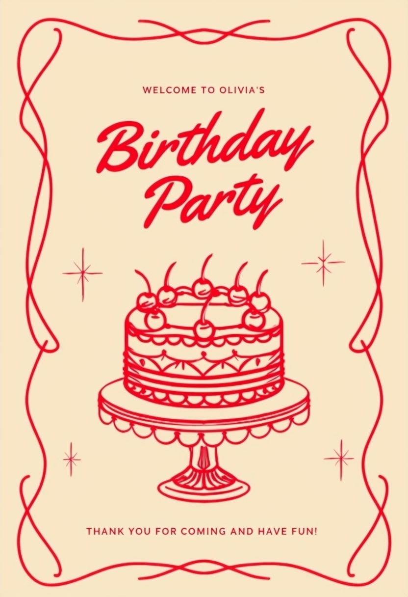 Vibrant Red Olivia's Birthday Party Invitation Poster Event Sign