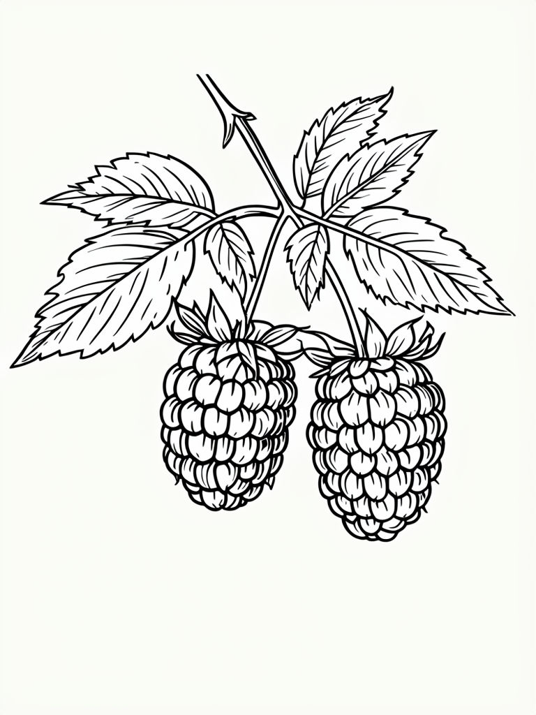 Intricate Line Drawing of Raspberries and Leaves Coloring Book Pages