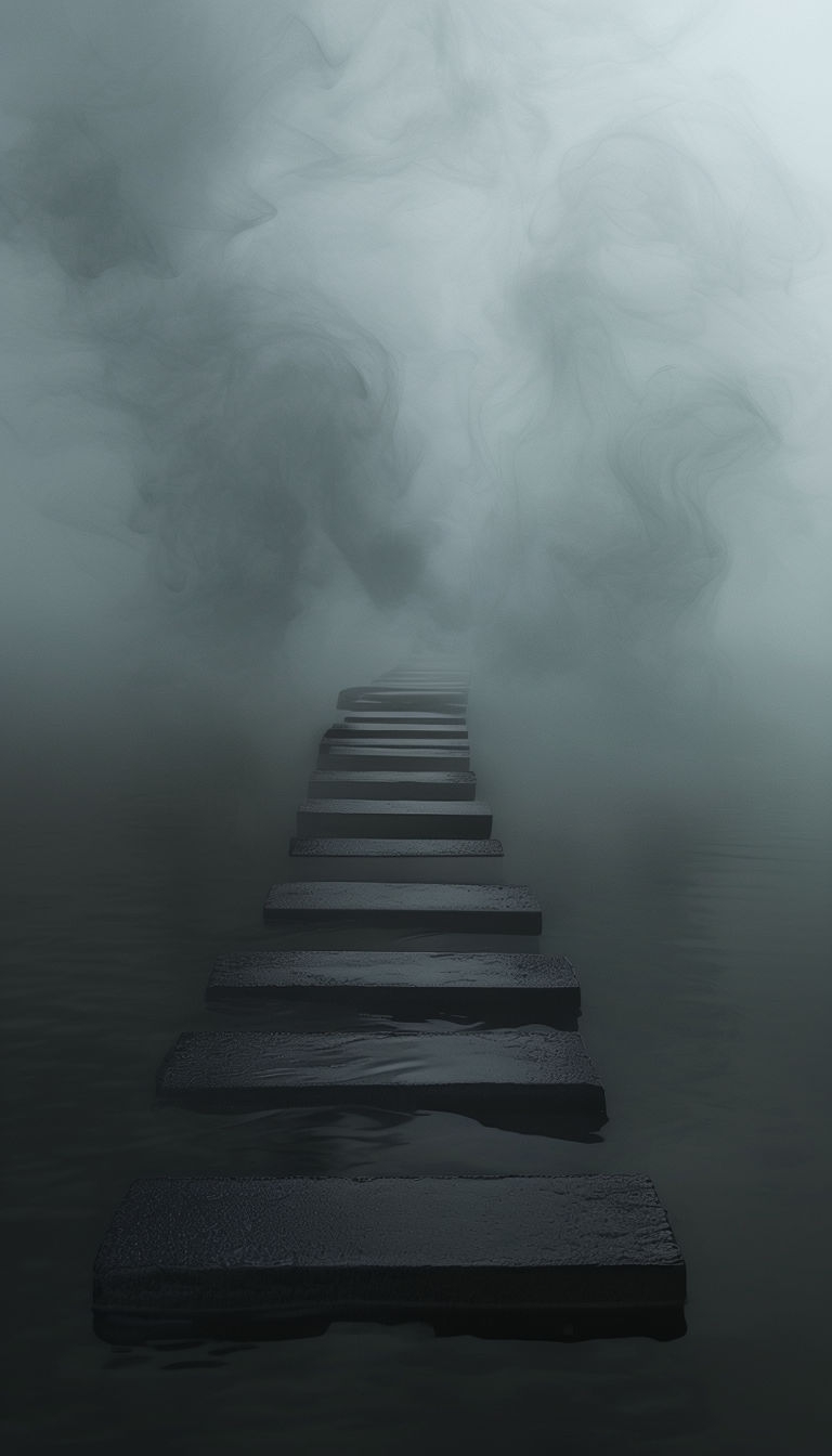 Mysterious Path of Stepping Stones in Thick Mist Mobile Wallpaper