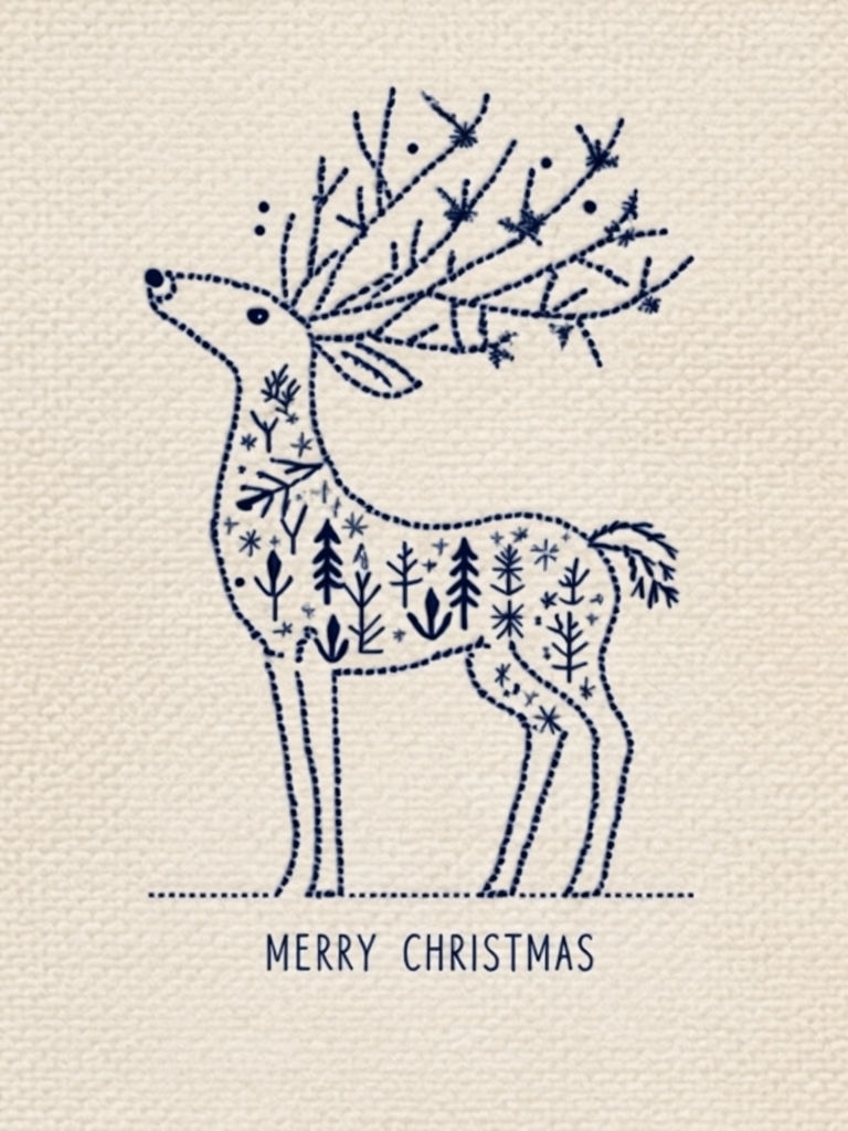 Whimsical Minimalist Reindeer Embroidery Christmas Card Design