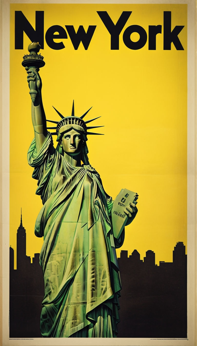 Vintage New York Travel Poster Featuring Iconic Statue of Liberty