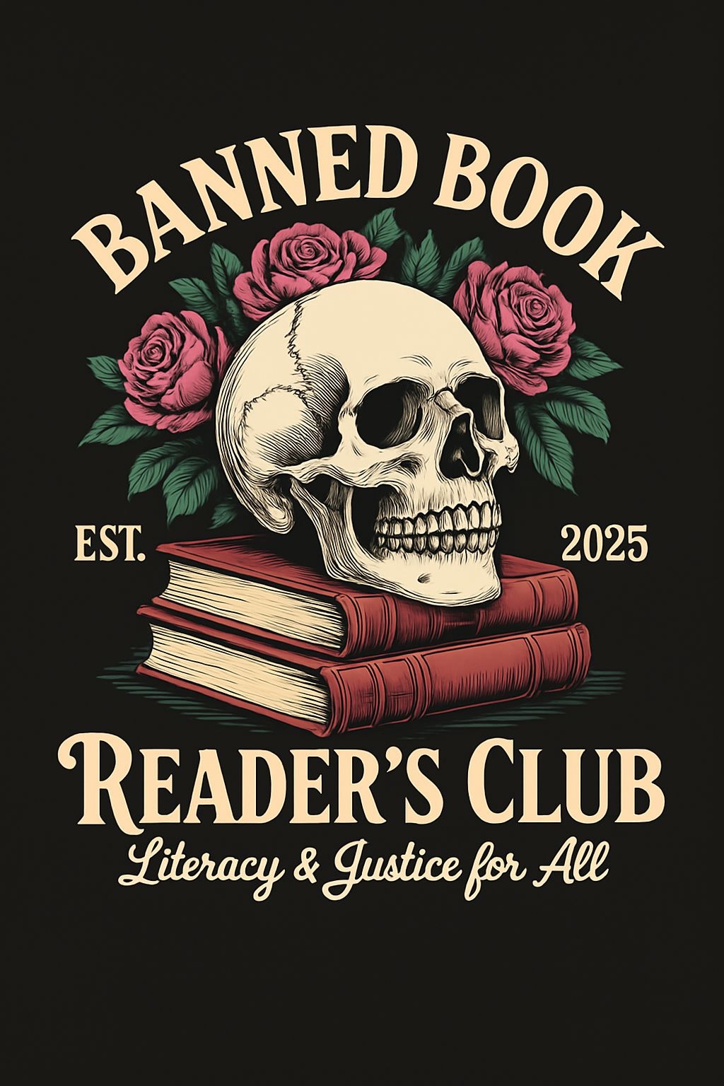 Intricate Skull and Roses Vintage Style T-Shirt Design