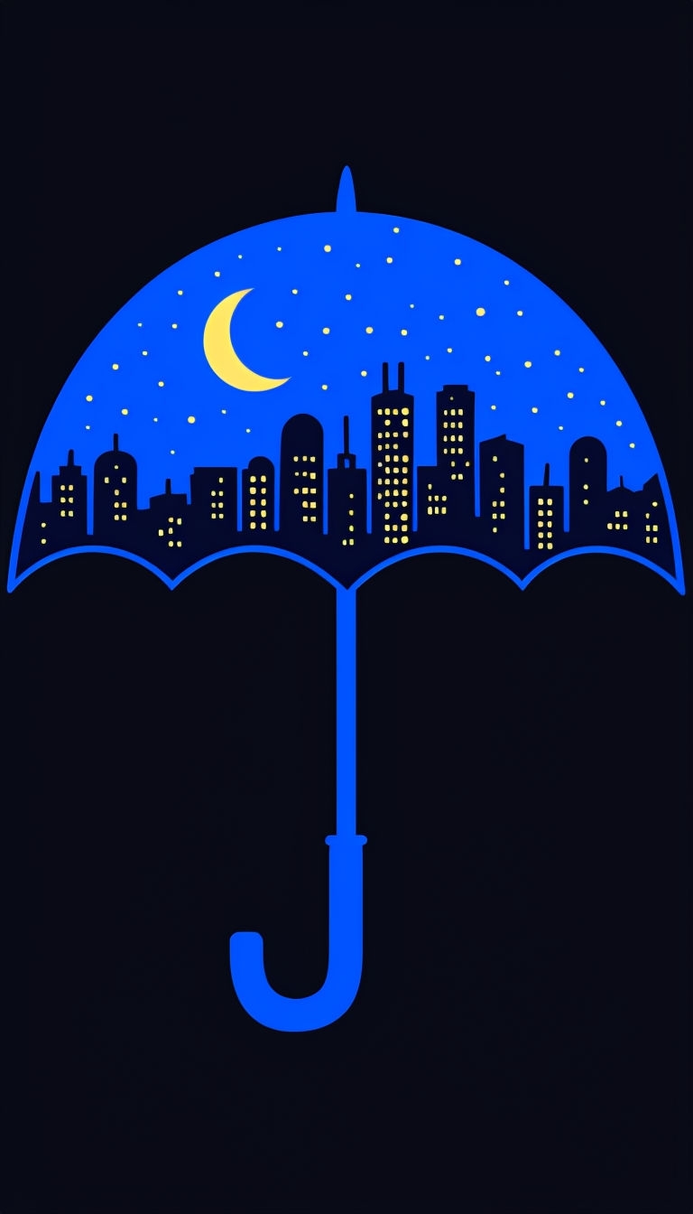Vibrant Electric Blue Umbrella with Night Sky and Cityscape Mobile Wallpaper
