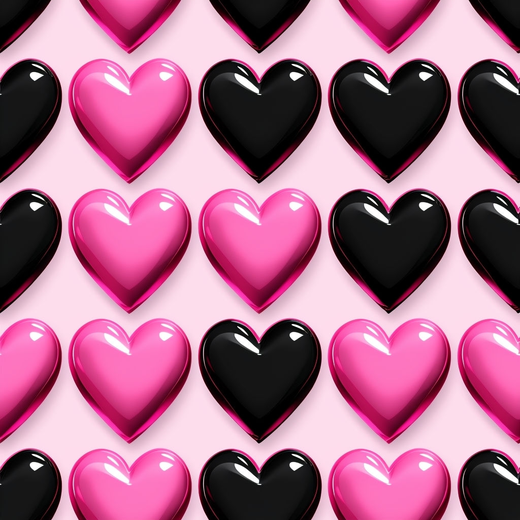 Glossy 3D Pink and Black Hearts Seamless Pattern Design