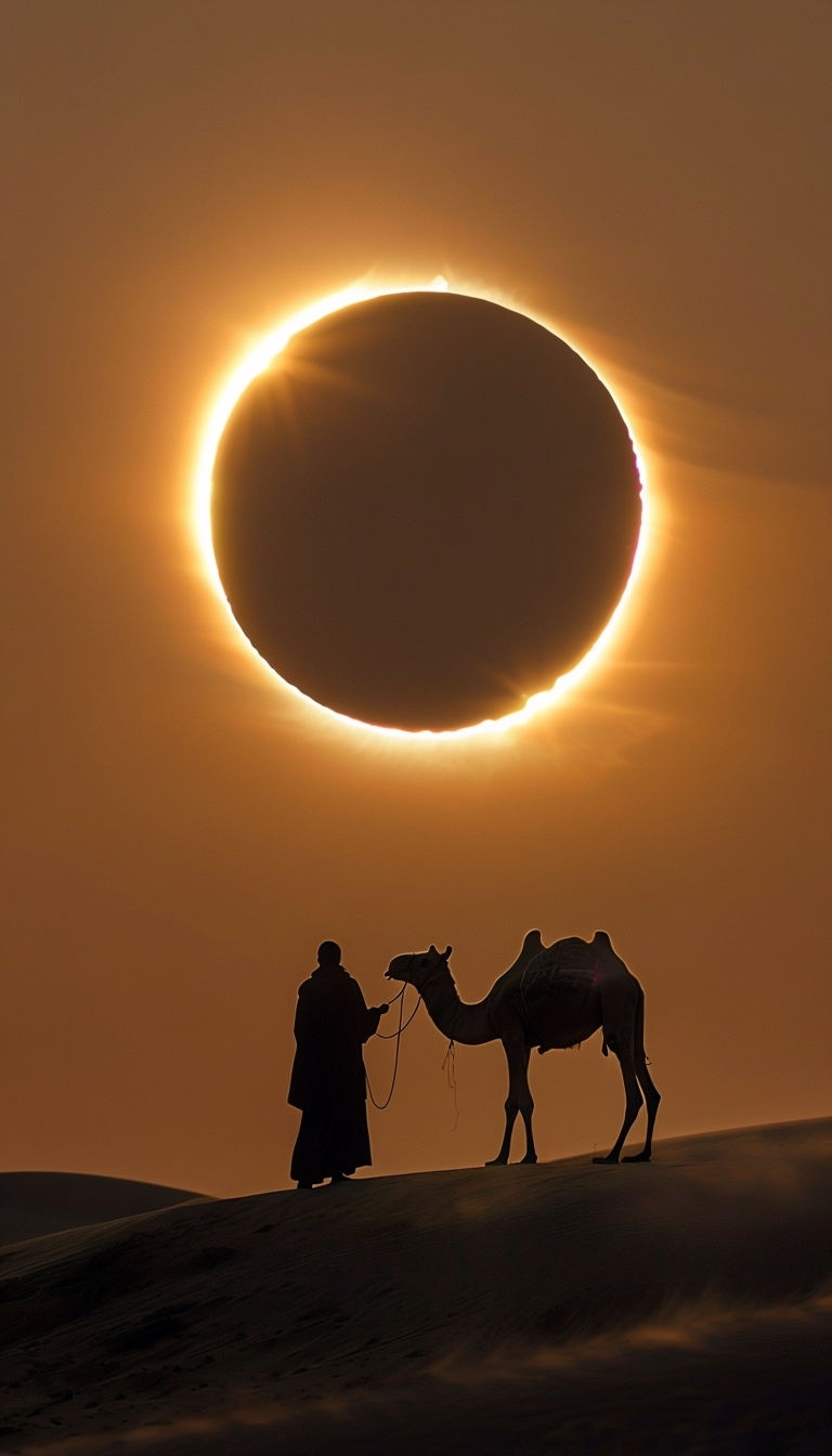 Serene Desert Solar Eclipse with Silhouetted Camel Mobile Wallpaper