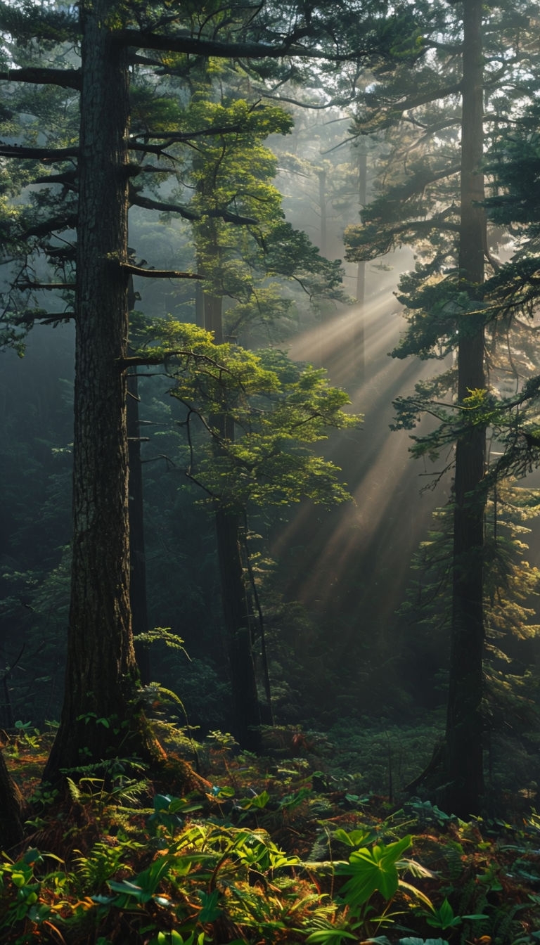 Serene Forest Landscape with Mist and Sunlight Mobile Wallpaper