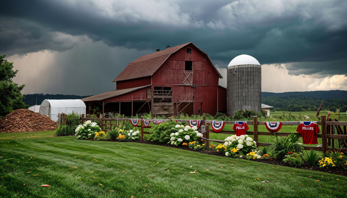 Dramatic Stormy Rural Landscape with Barn and Flowers Poster