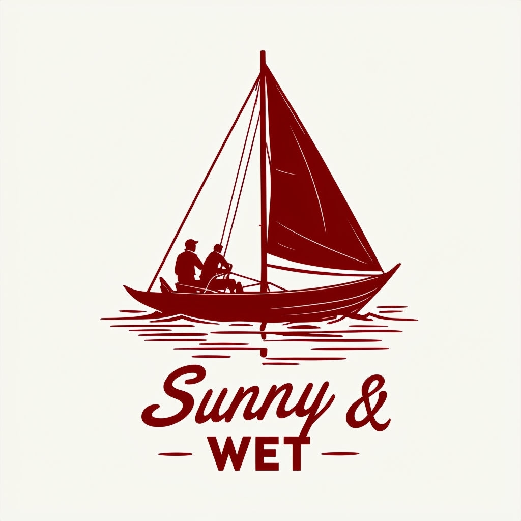 Minimalist Red Sailing Scene with 'Sunny & Wet' Logo