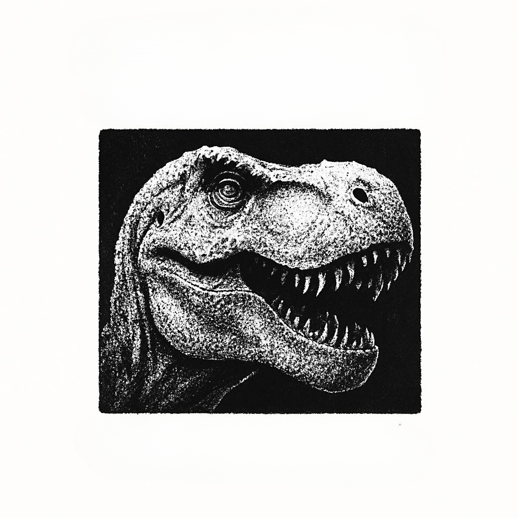 Detailed Black and White Dinosaur Head Illustration T-Shirt