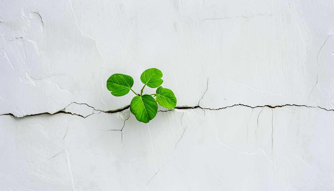 Resilient Green Plant Growing Through White Wall Crack Background Virtual Backgrounds