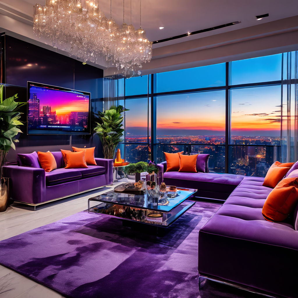 A vibrant purple and orange living room with plush carpeting by Vannak