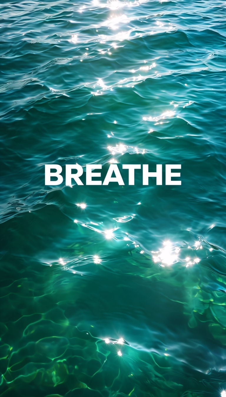 Serene Water Scene with Breathe Typography Mobile Wallpaper