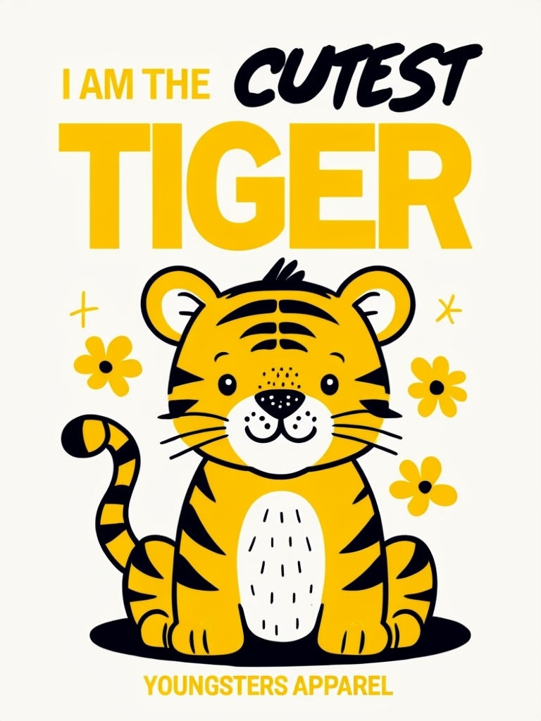 Cheerful Cartoon Tiger with Flowers and Playful Text T-Shirt