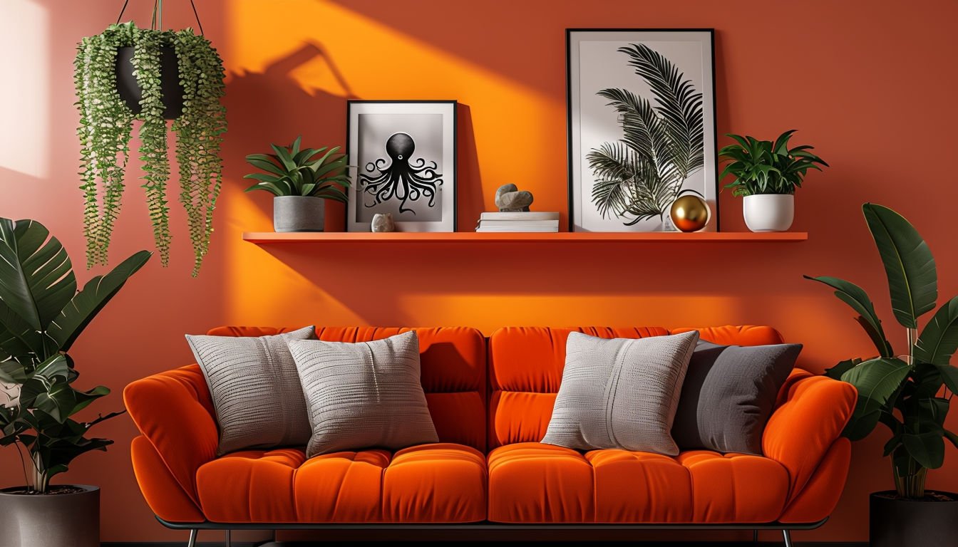 Cozy Vibrant Living Room Scene with Burnt Orange Sofa Art