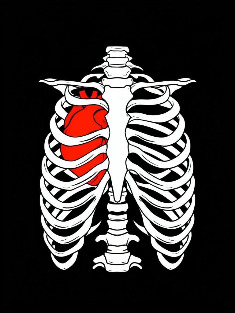 Stylized Human Ribcage with Red Heart Illustration T-Shirt