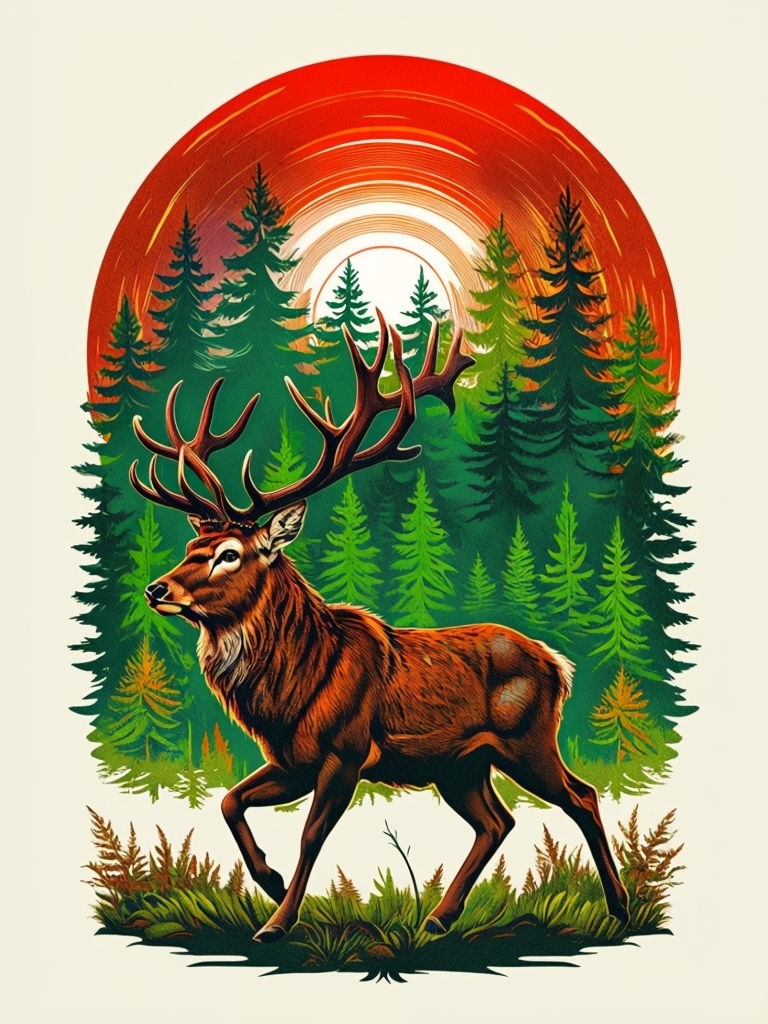 Majestic Vintage Stag in Forest Scene T-Shirt