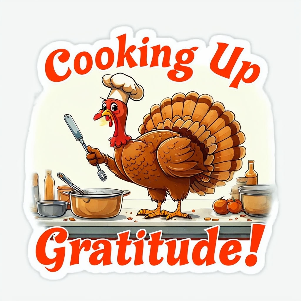 Playful Cartoon Turkey Chef Cooking Up Gratitude Sticker