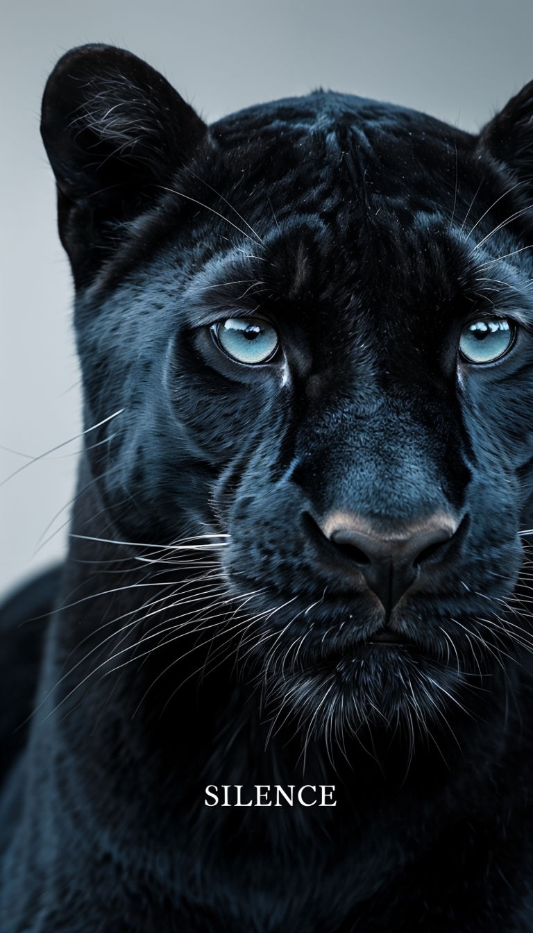 Majestic Black Panther with Blue Eyes and 'Silence' Text Mobile Wallpaper