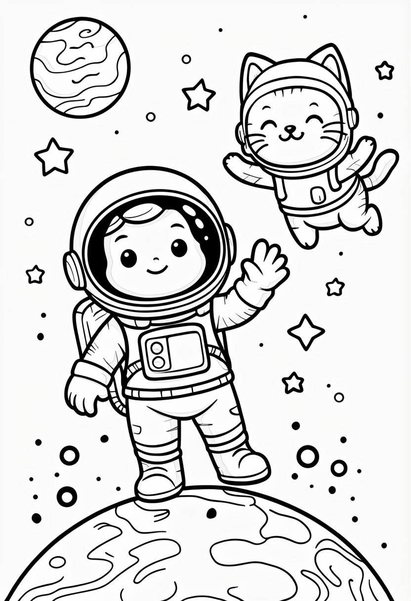 Cute Astronaut and Cat Space Adventure Coloring Book Page