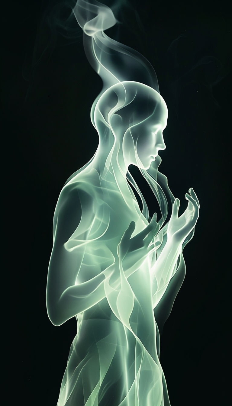 Ethereal Ghostly Figure with Green Glow Digital Art Mobile Wallpaper