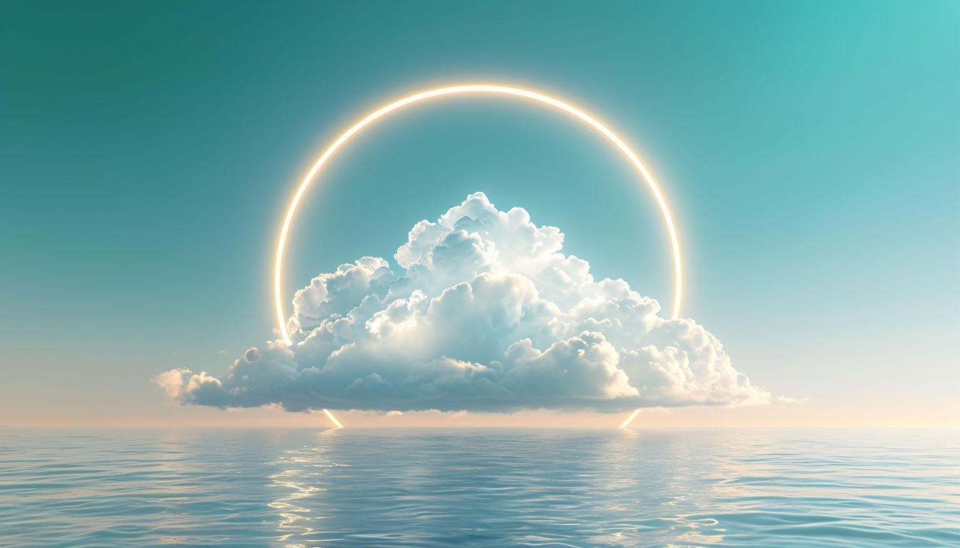 Ethereal Seascape with Golden Halo and Fluffy Clouds Background