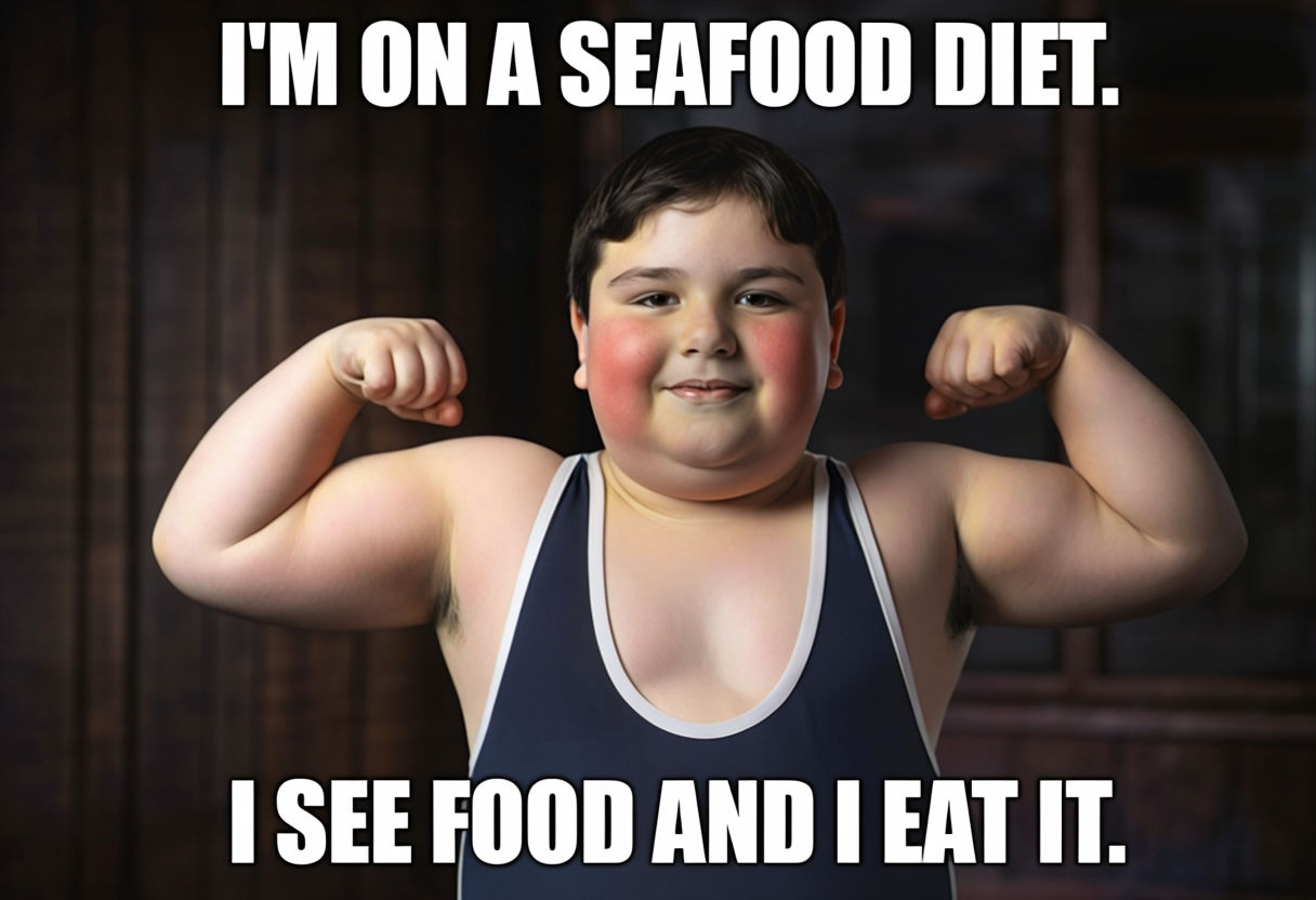 Humorous Seafood Diet Meme Featuring Confident Young Boy