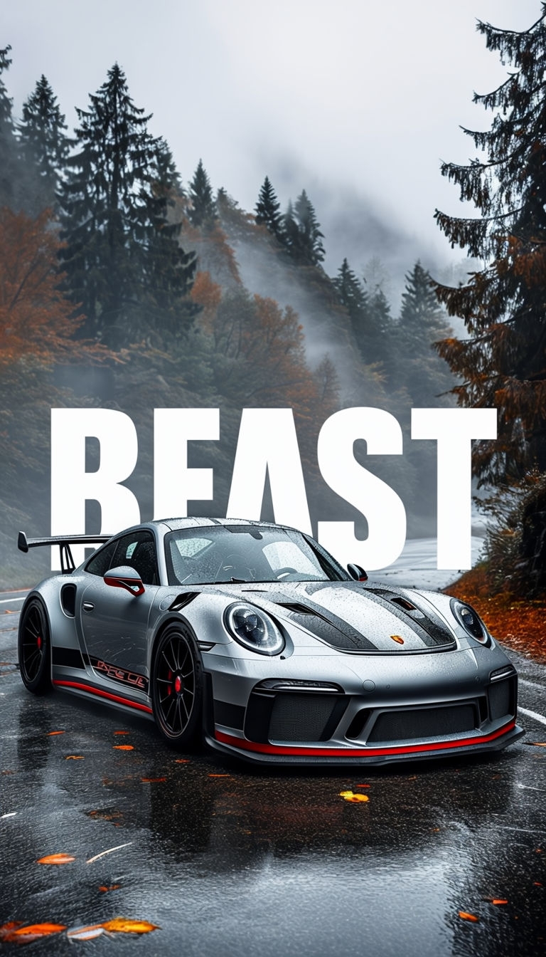 Sleek Silver Porsche BEAST Photo with Autumn Leaves Poster