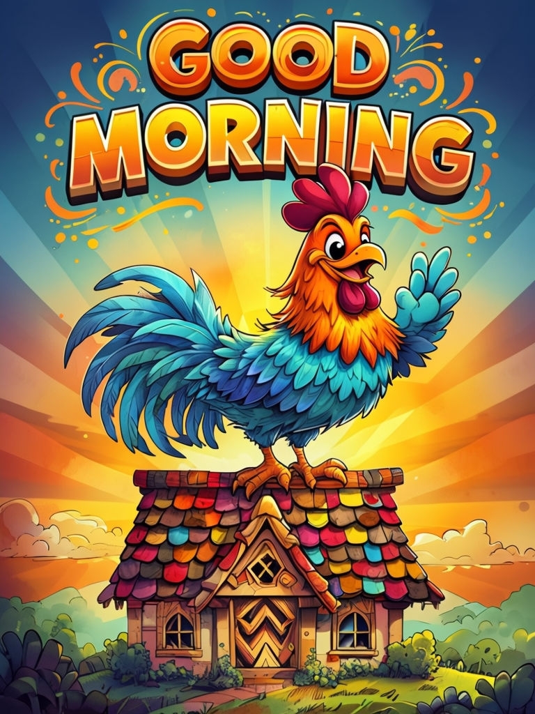 Cheerful Rooster on Colorful House Good Morning Art Poster