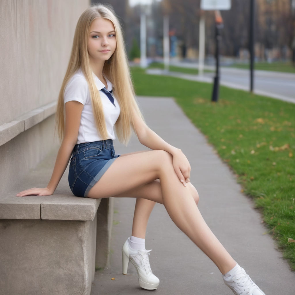 young woman blonde attractive in a park short skirt long legs