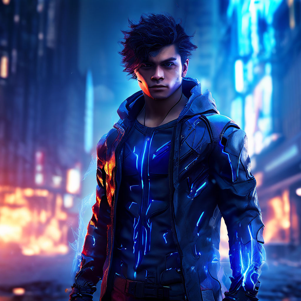 Hot Anime guy shirtless with belted black jeans on with long wet hair in  futuristic city and futuristic jacket with a glowing bat on his back with  big bulge near his legs