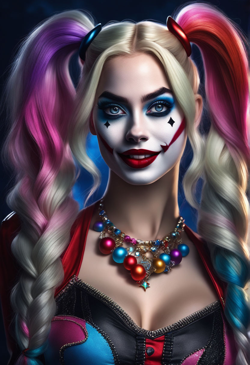 hyper-detailed and intricate portrait of flirty harley quinn Portrait front  looking