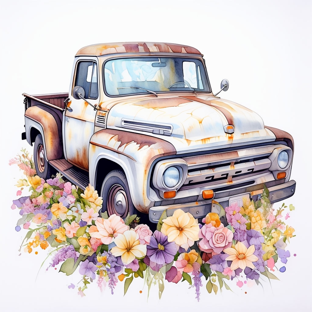 Vintage Pickup Truck with Colorful Flowers Watercolor Mug