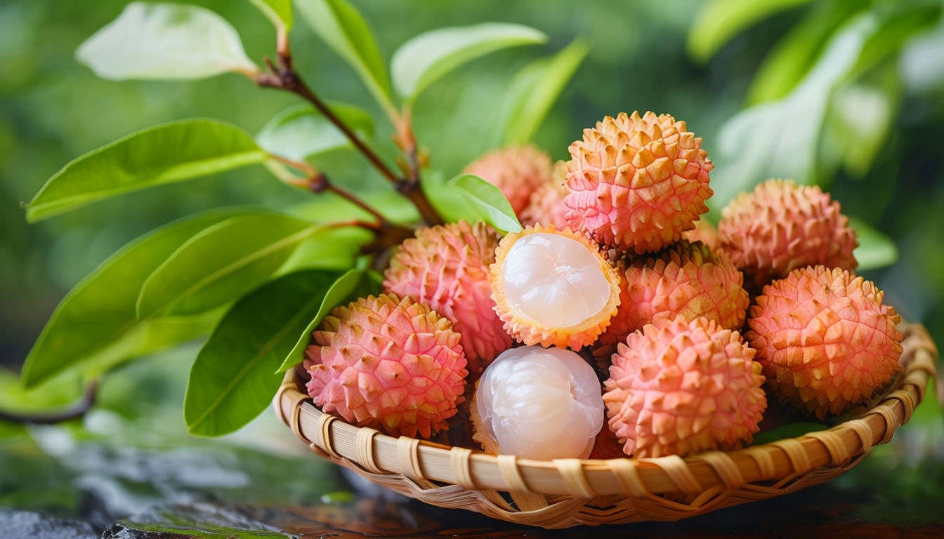 Fresh Litchi Fruit in Woven Bamboo Basket Virtual Background