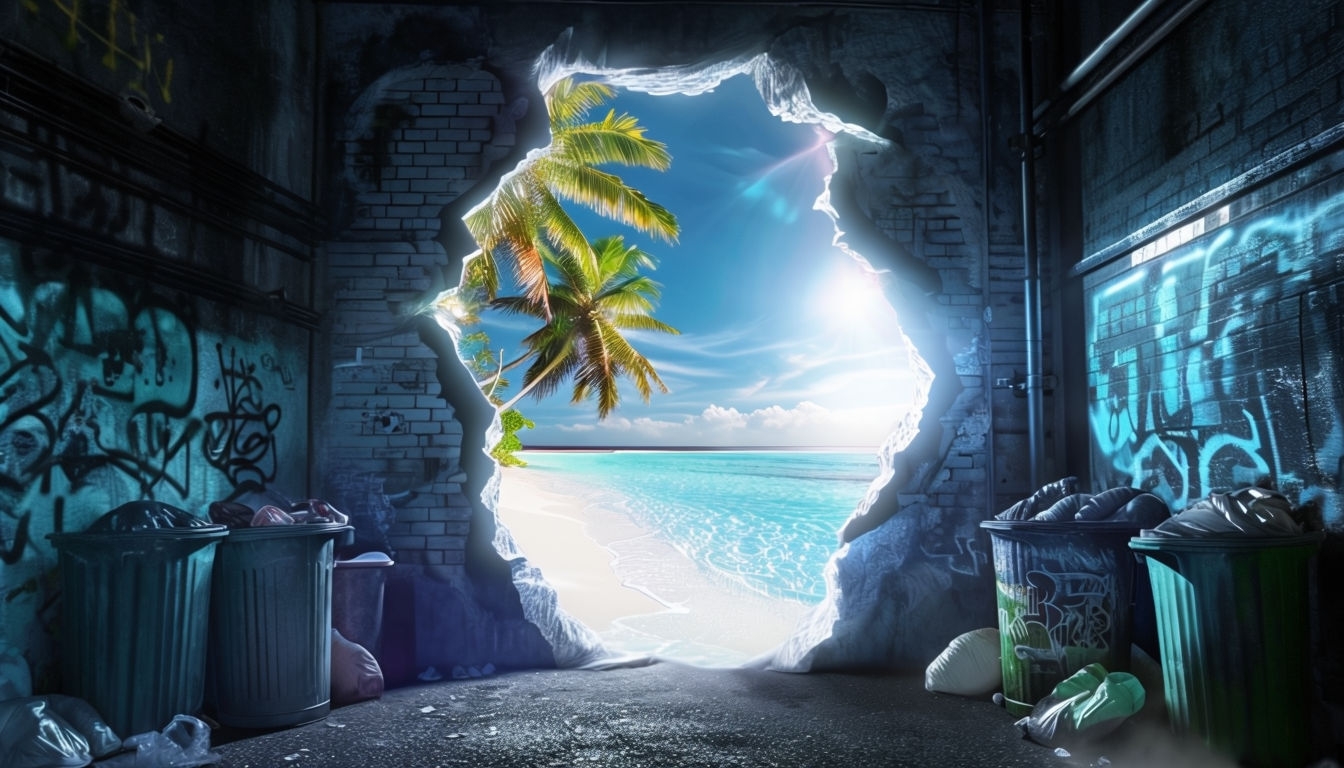 Surreal Urban Alleyway with Luminous Beach Tear Virtual Background
