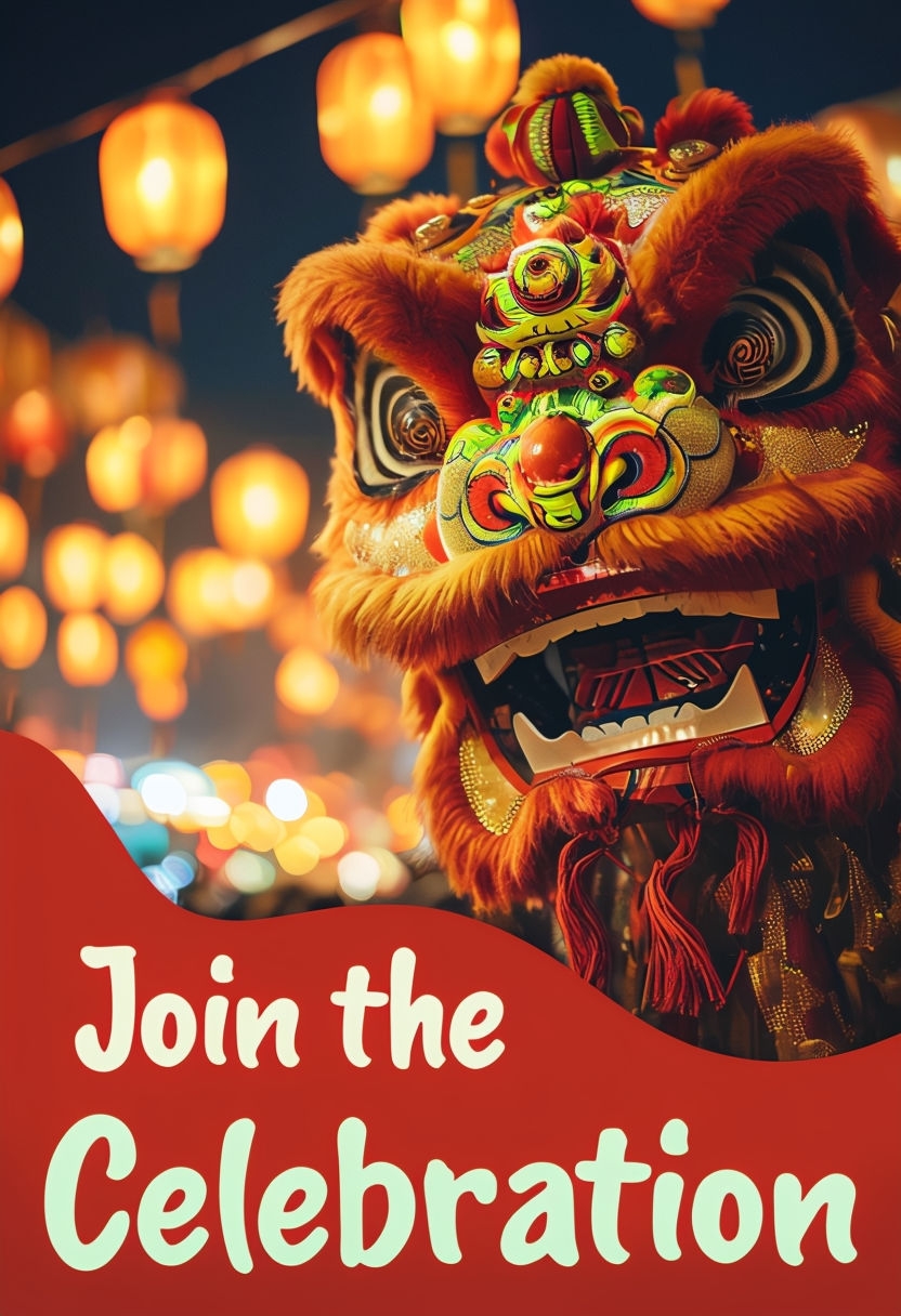 Colorful Lion Dance Mask Celebration Graphic for Social Media Post