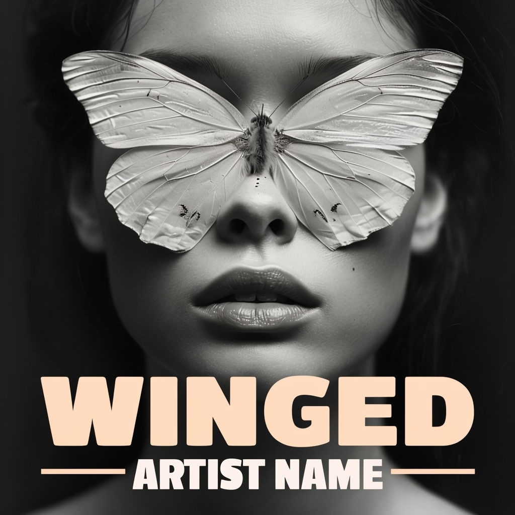 Surreal Black and White Portrait with Butterfly and Text Design Spotify Album Cover
