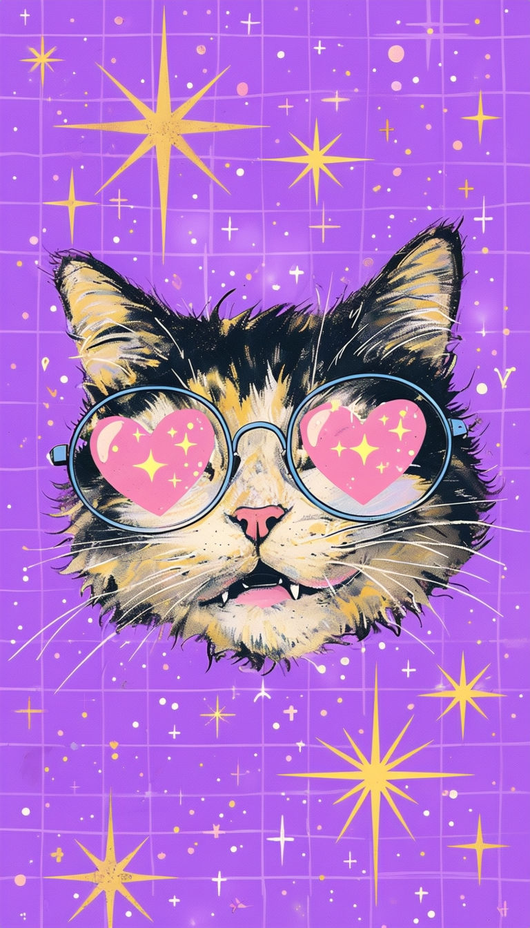 Whimsical Cat with Glasses and Cosmic Stars Illustration Art