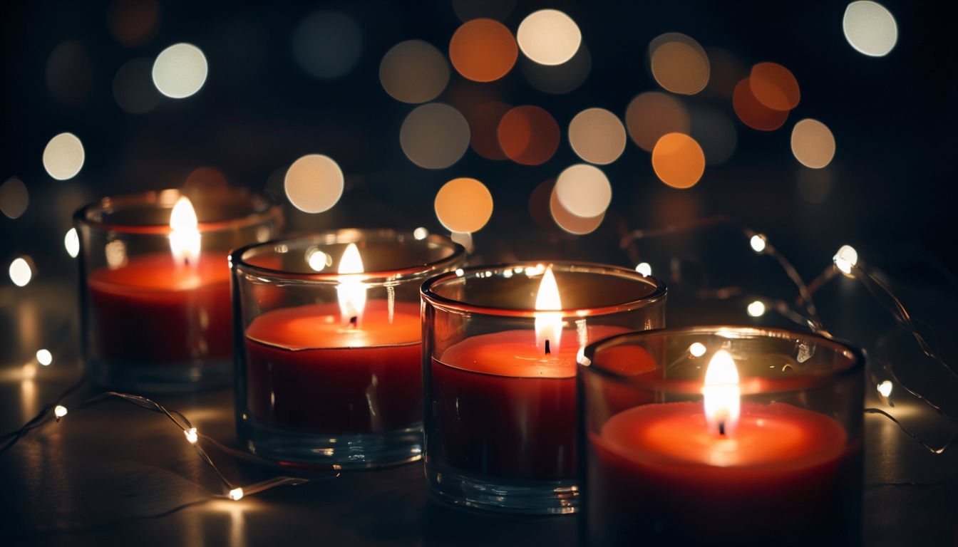 Cozy Candlelit Scene with Bokeh and Fairy Lights Background