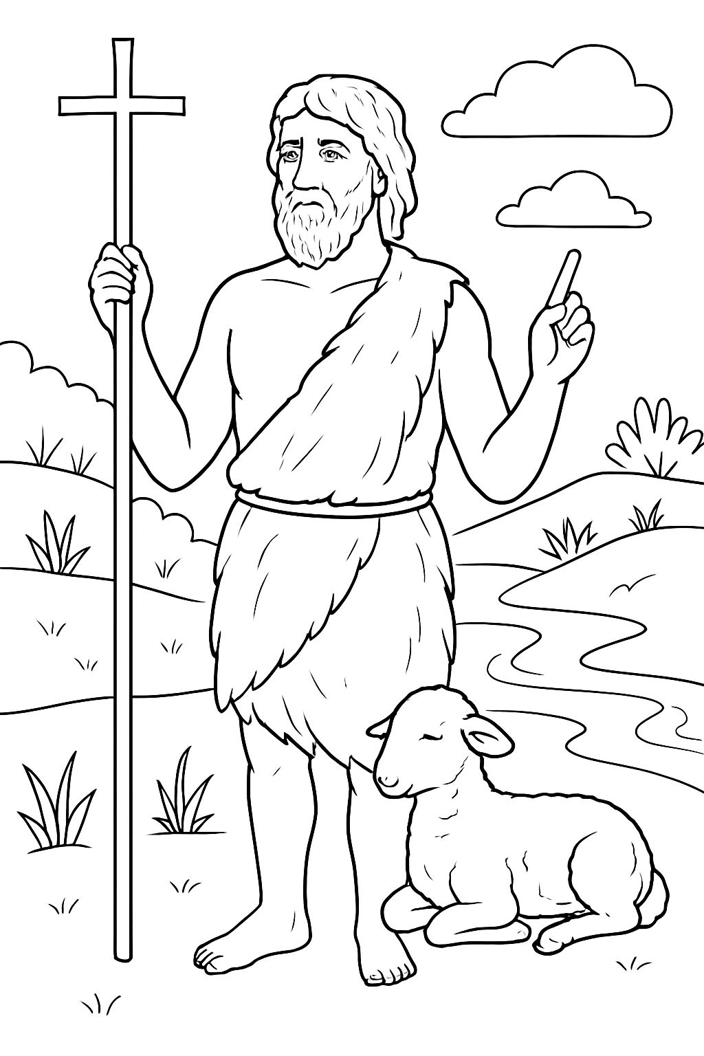 Serene Biblical Figure with Lamb in Tranquil Scene Coloring Book Pages