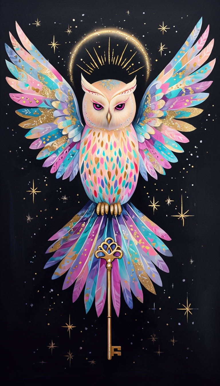 Vibrant Colorful Owl in Flight with Mystical Key Mobile Wallpaper