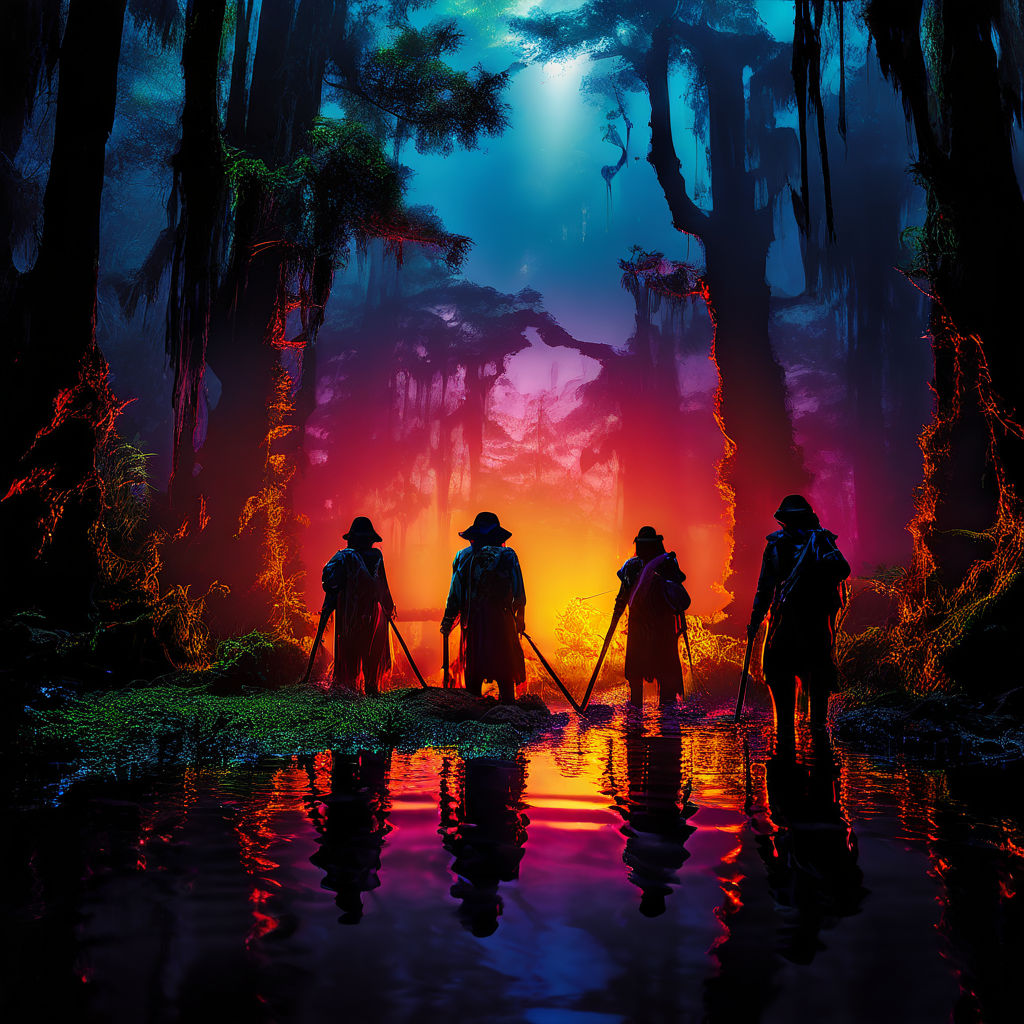 Five adventurers traverse a glowing swamp by Nevek M - Playground