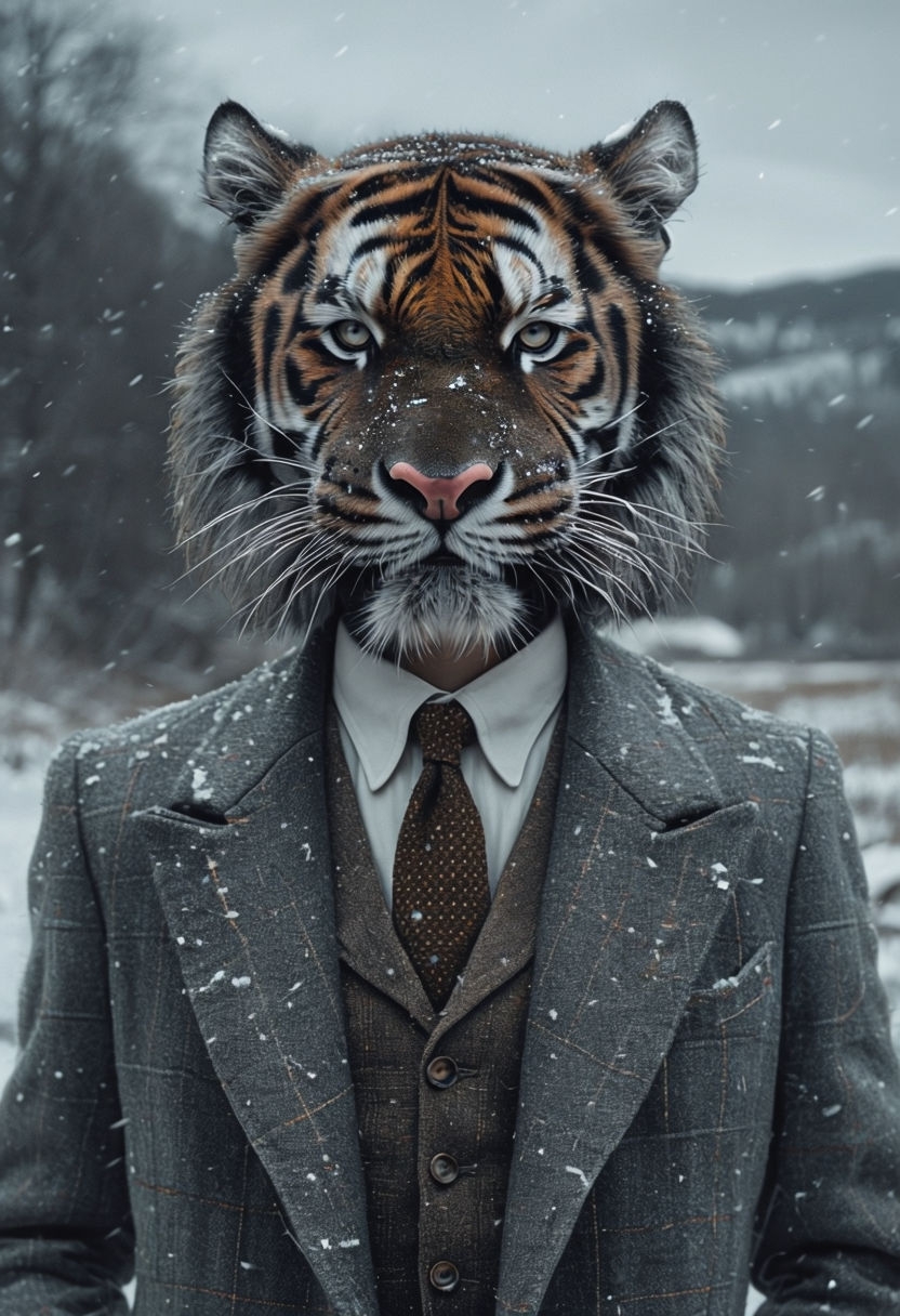 Surreal Winter Fashion with Tiger Head in Snowy Landscape Art