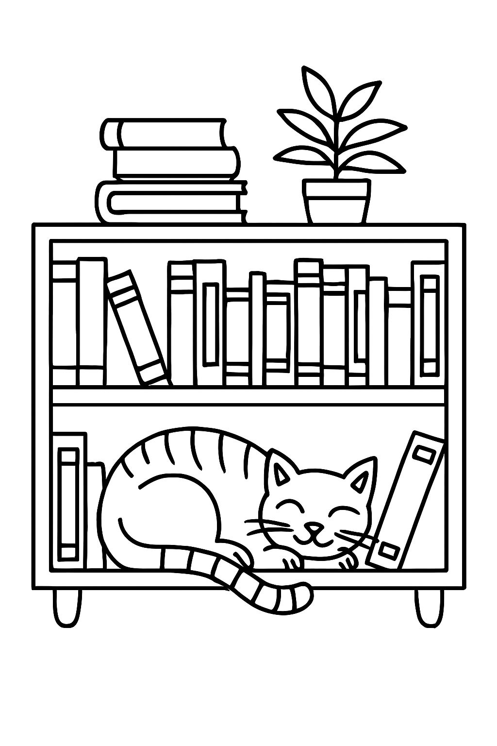 Cozy Black and White Bookshelf with Sleeping Cat Coloring Page