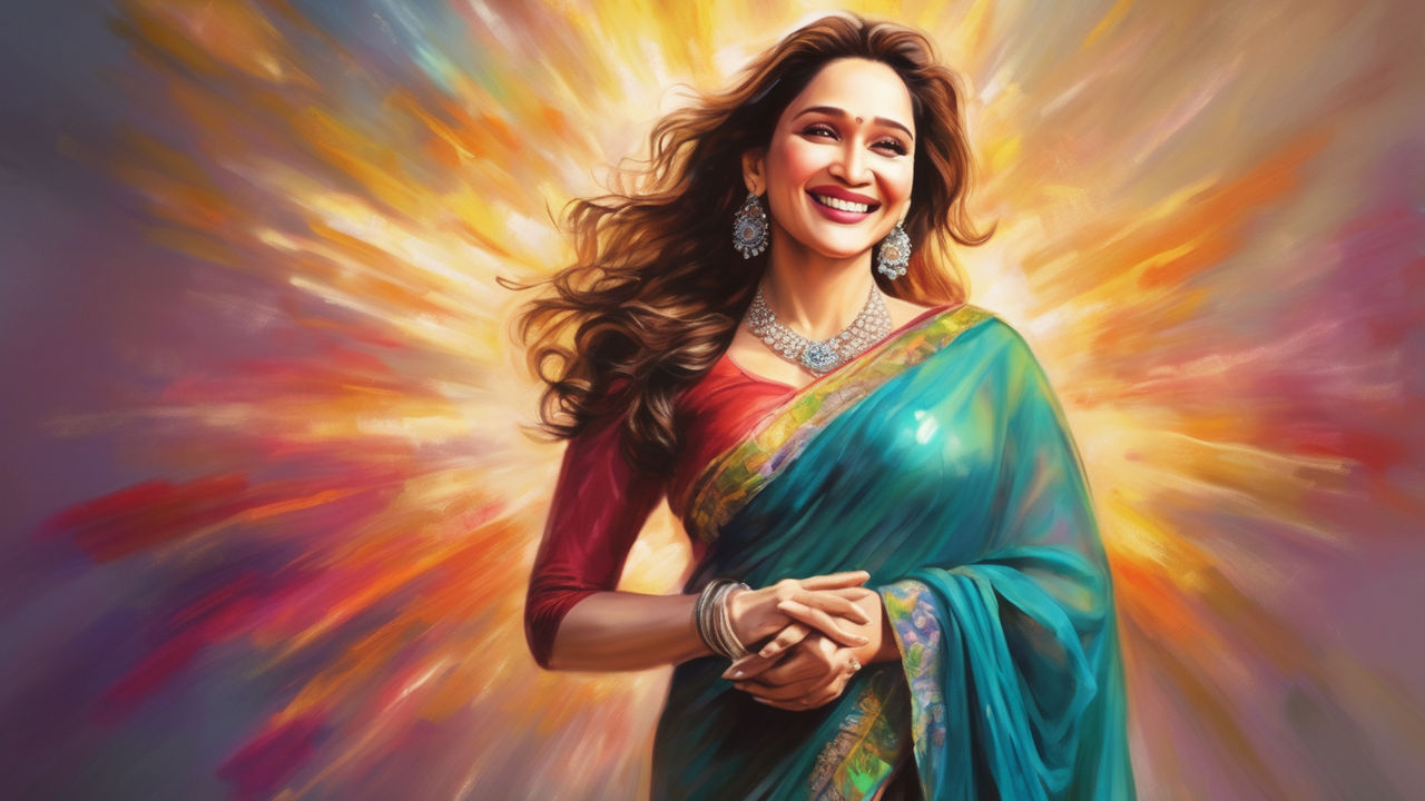 Highly detailed realistic photo of madhuri dixit in indian beautiful  traditional dress showing her full backsides body butt