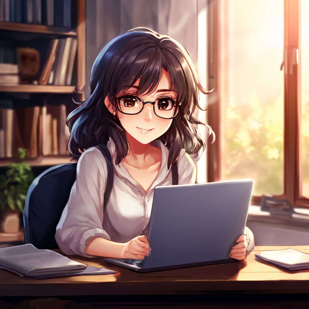 Anime girl with black hair and giant boobs popping out of a white button  down shirt with glasses